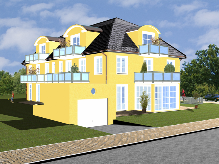 Bauplan visualisieren @ Schuur-Baugrafik - Mehrfamilienhaus Freising Südwestansicht nach G. Sonnenberg